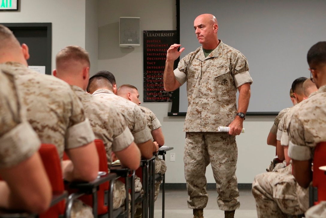 U.S. Marine Brig. Gen David A. Ottignon, the commanding general of 1st Marine Logistics Group, speaks to lieutenants at the 1st MLG Lieutenant Seminar, Camp Pendleton, Calif., Oct. 20, 2016. 1st MLG implemented the course earlier this year to build knowledge and networks between first and second lieutenants within the Group. The three day course is scheduled quarterly, so junior officers can become better leaders and mentors to the Marines under their charge. (U.S. Marine Corps photo by Sgt. Carson Gramley)