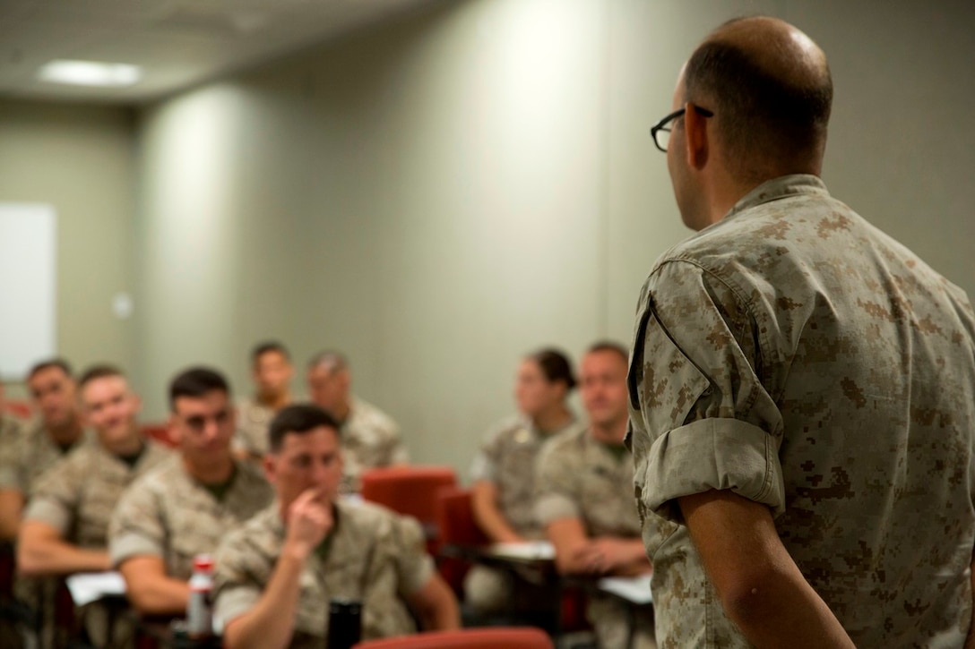 U.S. Marine Maj. John Kelly, plans officer with 1st Marine Logistics Group, instructs lieutenants at the 1st MLG Lieutenant Seminar, Camp Pendleton, Calif., Oct. 20, 2016. 1st MLG implemented the course earlier this year to build knowledge and networks between first and second lieutenants within the Group. The three day course is scheduled quarterly, so junior officers can become better leaders and mentors to the Marines under their charge. (U.S. Marine Corps photo by Sgt. Abbey Perria)