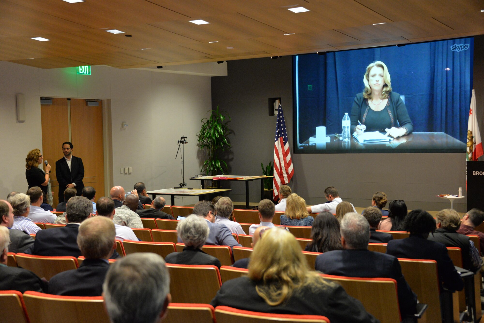 Secretary of the Air Force Deborah Lee James speaks to a group of non-defense company representatives Oct. 17 at the Air Force Innovation Forum in San Jose, Calif. Non-defense companies had the opportunity to contribute ideas directly to the Secretary on ways the U.S. Air Force can reduce barriers to attracting a broader supply base and accessing cutting-edge technologies. (U.S. Air Force photo by Senior Airman Amber Carter)