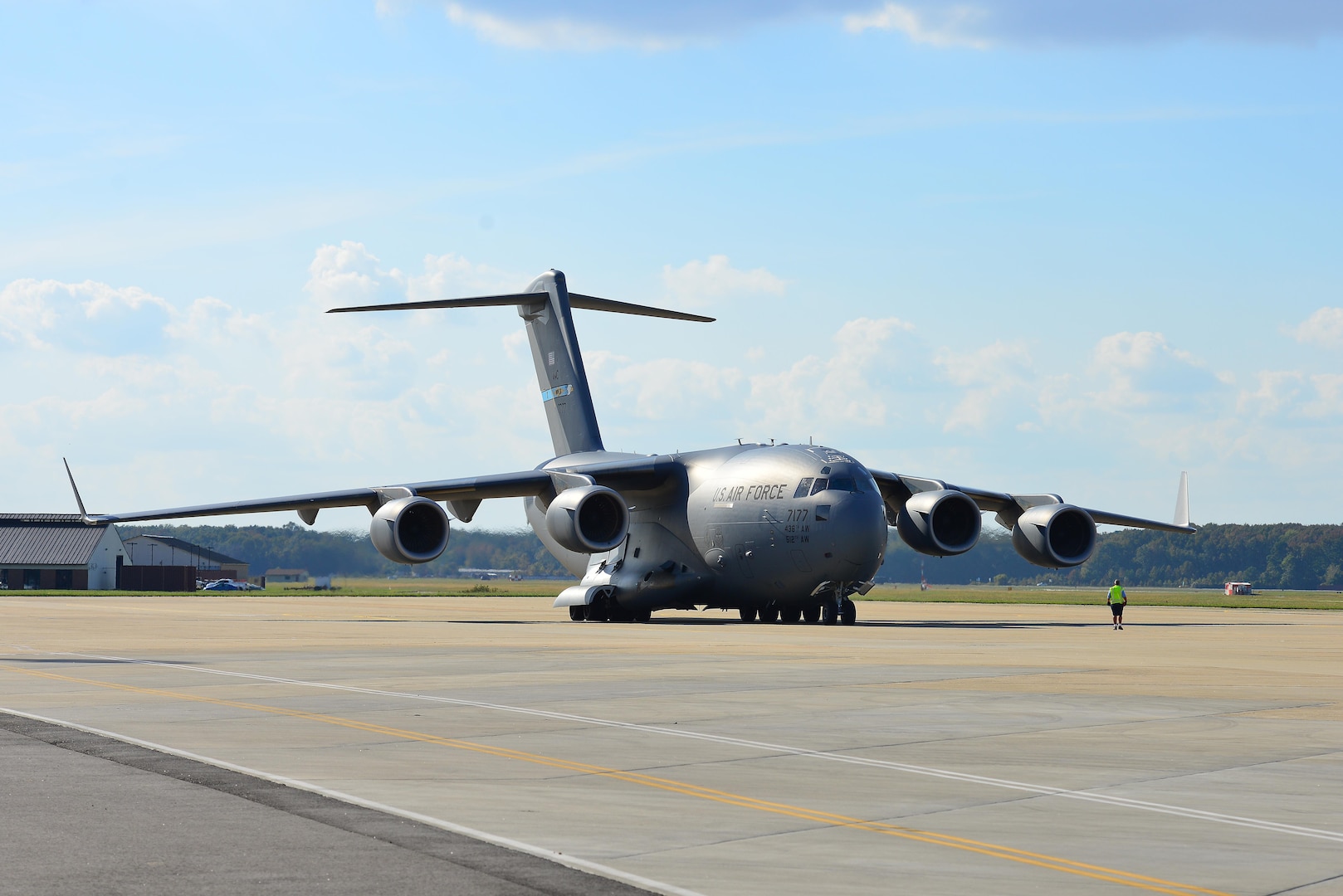 A U.S. Air Force C-17 Globemaster III brings about 20 members of the 689th Rapid Port Opening Element home from Haiti at Joint Base Langley-Eustis, Va., Oct. 20, 2016. The RPOEs are the U.S. Army’s main component for both the Seaport of Debarkation and Airport of Debarkation of the United States Transportation Command’s Joint Task Force-Port Openings mission. (U.S. Air Force photo by Airman 1st Class Tristan Biese)