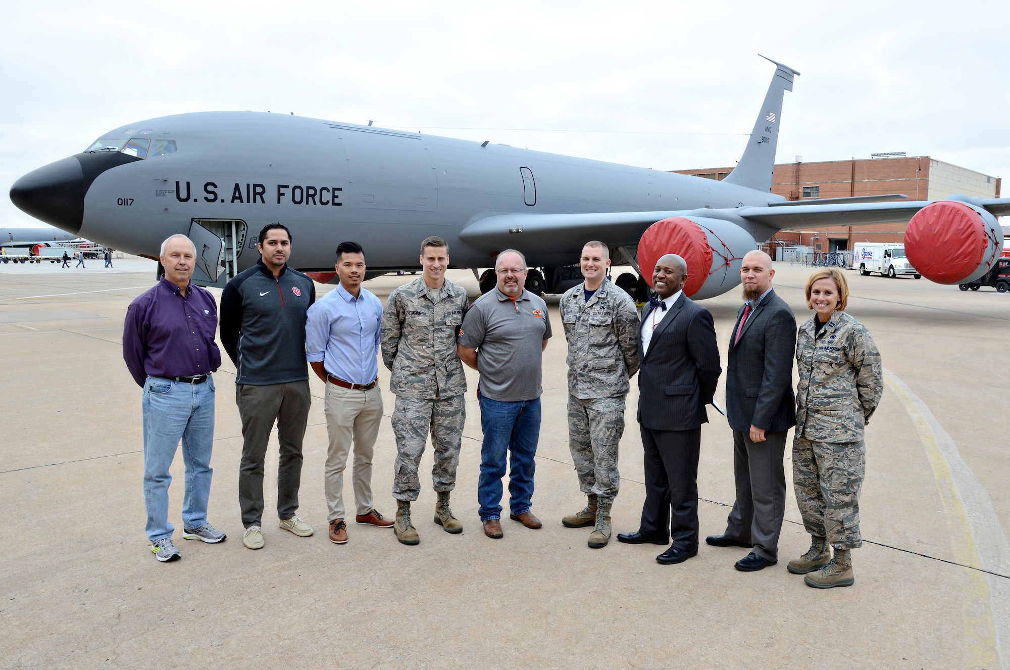 The KC-135 Stratotanker team members for the Block 45 upgrade are, from left, Dan Olson, Ivan Crespo, Long Nguyen, Lt. Joshua Neace, Sam Speziale, Capt. Dustin Keller, Keith Lymore, Jon Cloud and Capt. Tyner Apt. Team members not pictured are Capt. Anthony Konakowitz, Nick Binkley and Master Sgt. Dante Alexander. (Air Force photo by Kelly White)