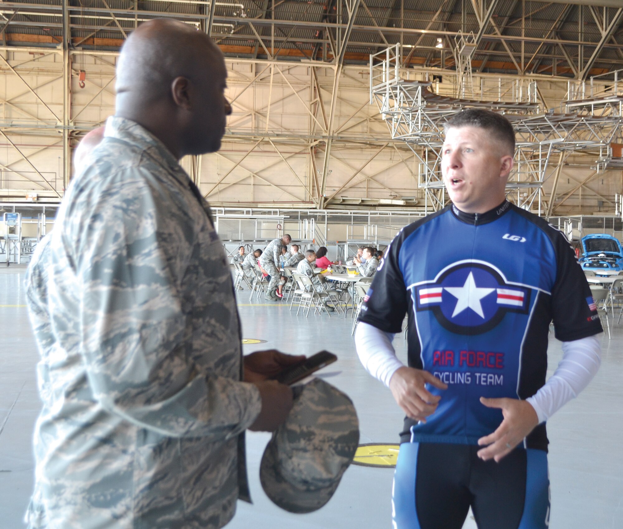 Col. Thomas Brown, 72nd Air Base Wing Vice Commander, learns about the Air Force Cycling Team during the Bringing America’s Wing and Team Tinker Together (BAWTTT) Club Day, Oct. 14. BAWTTT is held to engage more members of Team Tinker in various clubs and organizations, encouraging community within diversity. Such clubs include: Cooking Club, Motorcycle Club, Car Club, Entertainment Club, Gaming Club, Arts and Crafts Club and Outdoor Recreation Club. Informational booths were accompanied by local food trucks as an attractive lunchtime event.
For more information about BAWTTT, visit www.tinker.af.mil and select the BAWTTT link under the “Home” tab. (Air Force photo by Jillian Coleman)