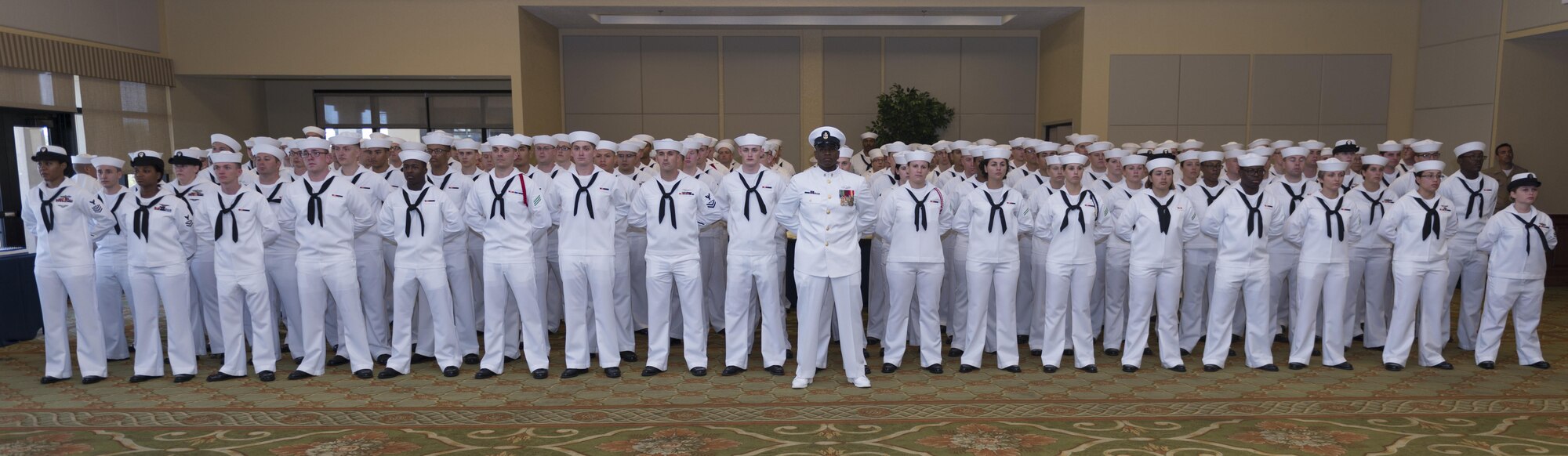 Center for Naval Aviation Technical Training Unit Keesler members stand in formation at the CNATTU Keesler change of command ceremony at the Bay Breeze Event Center Oct. 20, 2016, on Keesler Air Force Base, Miss. CNATTU Keesler is a training unit of the Center for Naval Aviation Technical Training located at Naval Air Station Pensacola, Fla. CNATT develops, delivers, and supports aviation technical training at 27 sites located throughout the continental U.S. and Japan. (U.S. Air Force photo by Andre’ Askew/Released) 