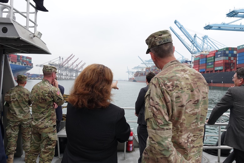 Port of Los Angeles, Director of Legislative Affairs and Government Division Marisela DiRuggiero, discusses harbor activities to South Pacific Division Commander Col. Peter Helmlinger, during a visit to the POLA Oct. 14.