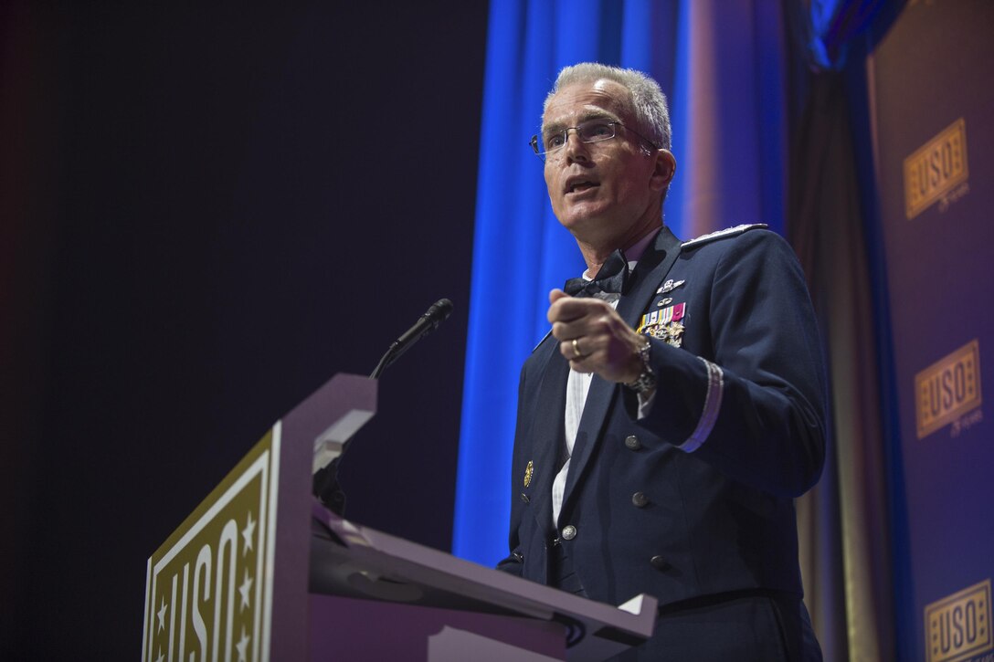 Air Force Gen. Paul J. Selva, vice chairman of the Joint Chiefs of Staff, delivers remarks during the 2016 USO Gala in Washington, D.C., Oct. 20, 2016. The USO celebrated 75 years of providing support to service members. It also recognized six service members of the year for heroic acts and two USO volunteers who exemplified the spirit of all volunteers. DoD Photo by Army Sgt. James K. McCann