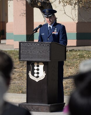 Special Agent Christopher Joers, commander of Air Force Office of Special Investigations Detachment 816, gives a speech during a building dedication ceremony at Ellsworth Air Force Base, S.D., October 21, 2016. The building was officially named the Taub Building, in honor of SA Peter Taub who was killed by a suicide bomber attack at Bagram Airfield, Afghanistan, Dec. 21, 2015. (U.S Air Force photo by Airman 1st Class Denise M. Jenson)
