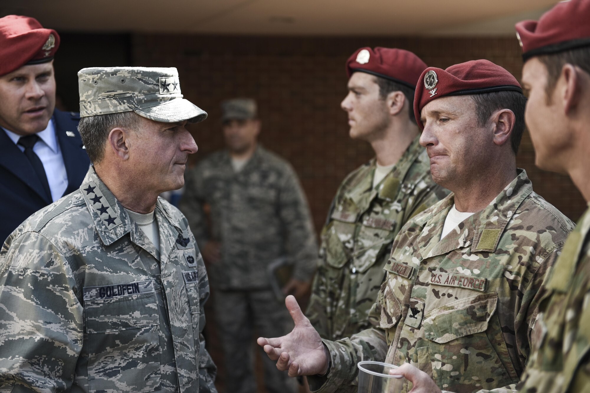 Air Force Chief of Staff David L. Goldfein greets a special tactics officer following the Special Tactics Memorial dedication ceremony at Hurlburt Field, Fla., Oct. 20, 2016. Goldfein was the keynote speaker for the ceremony. In addition to the ceremony, he met with Air Force Special Operations Command leadership, 505th Command and Control Wing personnel and Air Commandos around base. (U.S. Air Force photo by Senior Airman Jeffrey Parkinson)