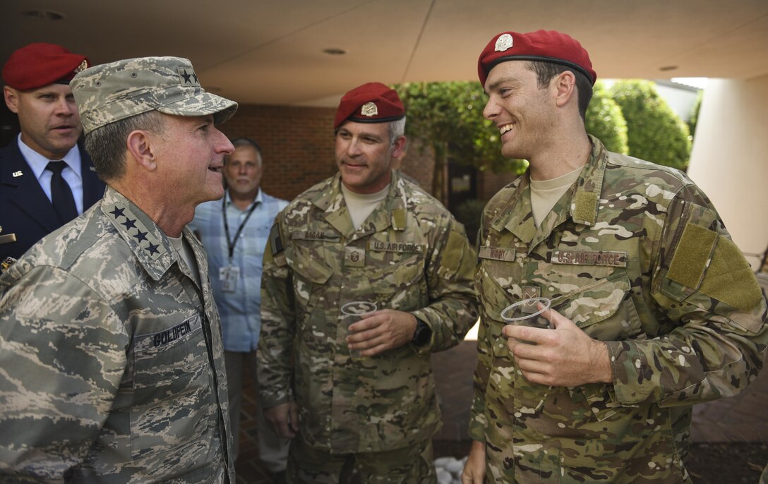 Air Force Chief of Staff David L. Goldfein greets special tactics Airmen following the Special Tactics Memorial dedication ceremony at Hurlburt Field, Fla., Oct. 20, 2016. Goldfein was the keynote speaker for the ceremony. In addition to the ceremony, he met with Air Force Special Operations Command leadership, 505th Command and Control Wing personnel and Air Commandos around base. (U.S. Air Force photo by Senior Airman Jeffrey Parkinson)