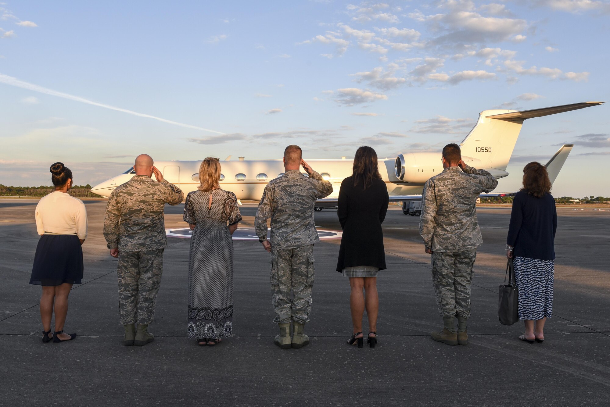 Air Force Special Operations Command and 1st Special Operations Wing leadership salute farewell to Air Force Chief of Staff Gen. David L. Goldfein and his wife, Dawn, as they depart Hurlburt Field, Fla., Oct. 20, 2016. Goldfein was the keynote speaker at a Special Tactics Memorial dedication ceremony at the Hurlburt Field Air Park. In addition, he and his wife met with AFSOC leadership, the 505th Command and Control Wing and Air Commandos around the base. (U.S. Air Force photo by Senior Airman Jeff Parkinson)