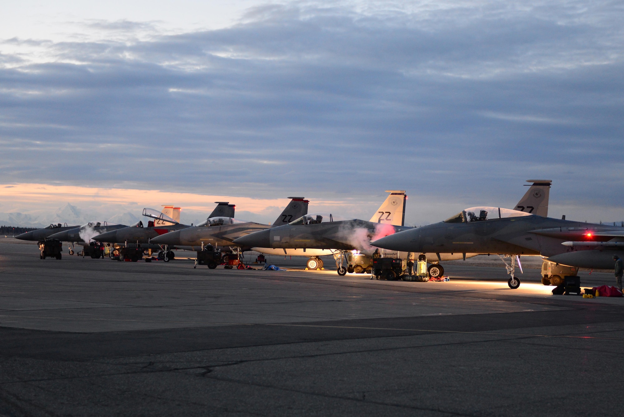 U.S. Air Force Airmen prepare several F-15C Eagle fighter aircraft assigned to the 44th Fighter Squadron out of Kadena Air Base, Japan, Oct. 20, 2016, during RED FLAG-Alaska (RF-A) 17-1, at Eielson Air Force Base, Alaska. RF-A provides training for deployed maintenance and support personnel in sustainment of large-force deployed air operations. (U.S. Air Force photo by Airman Eric M. Fisher)