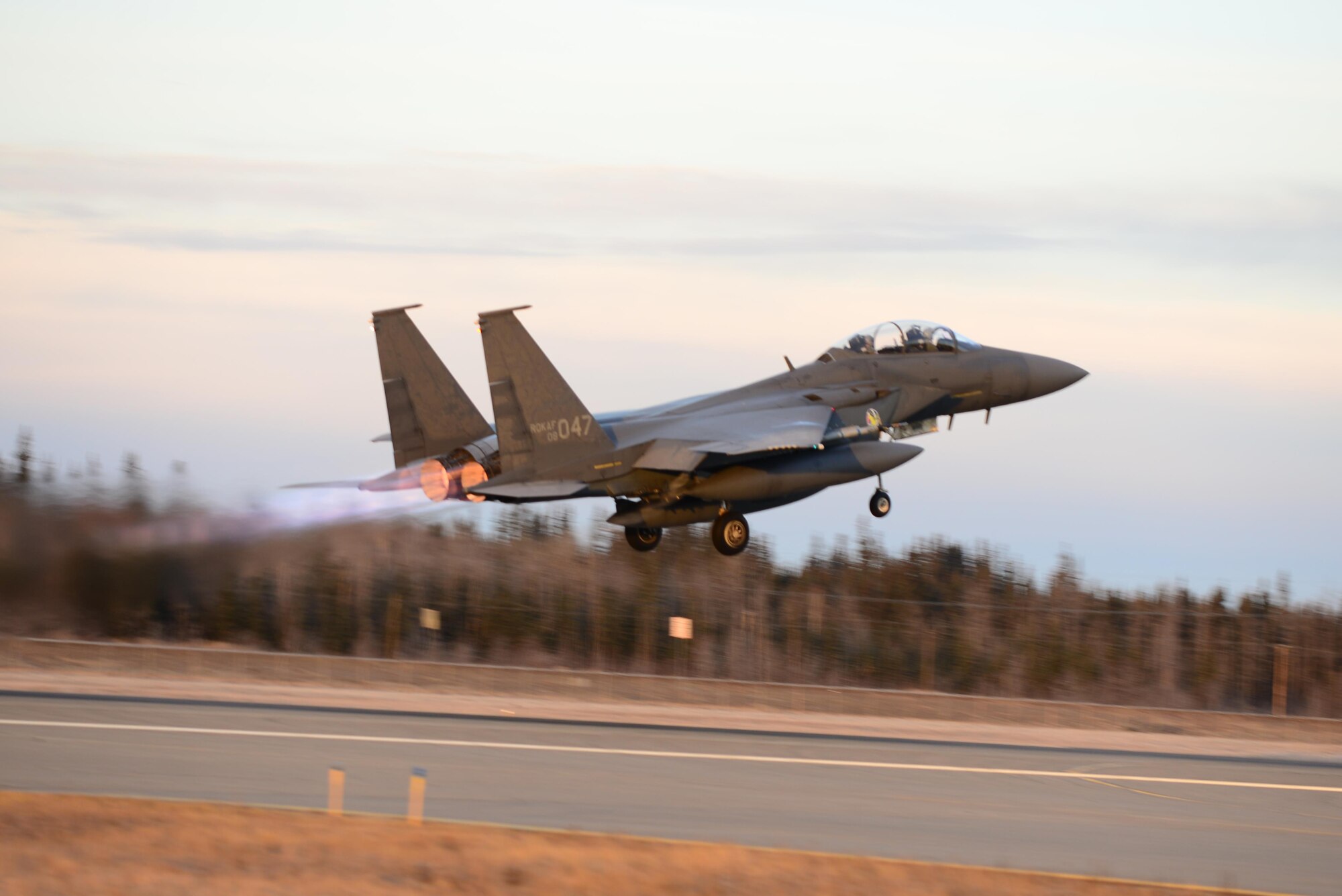 A Republic of Korea Air Force F-15K Slam Eagle multi-role fighter aircraft takes off from the Eielson Air Force Base, Alaska, flight line, Oct. 20, 2016, during RED FLAG-Alaska (RF-A) 17-1. Conducting RF-A training signifies our continued commitment to the Indo-Asia-Pacific region. (U.S. Air Force photo by Airman Eric M. Fisher)