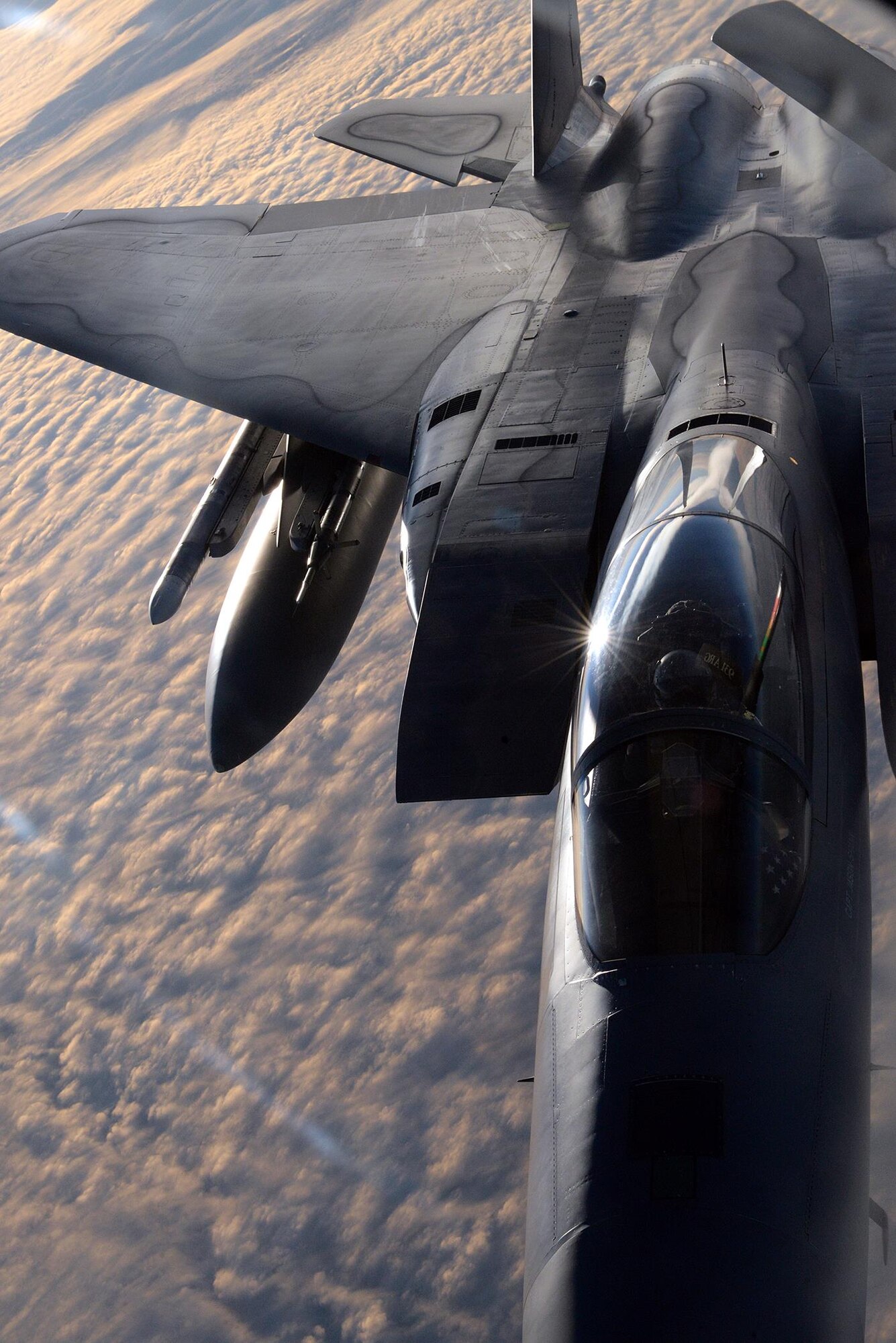 A U.S. Air Force F-15 Eagle assigned to the 44th Fighter Squadron out of Kadena Air Base, Japan, connects with a KC-135 Stratotanker out of McConnell Air Force Base, Kan., Oct. 10, 2016, during a RED FLAG-Alaska (RF-A) 17-1 mission. RF-A exercises enable joint and international units to sharpen their skills by flying simulated combat sorties in a realistic threat environment inside the Joint Pacific Alaska Range Complex, the largest instrumented air, ground and electronic combat training range in the world. (U.S. Air Force photo by Master Sgt. Karen J. Tomasik)