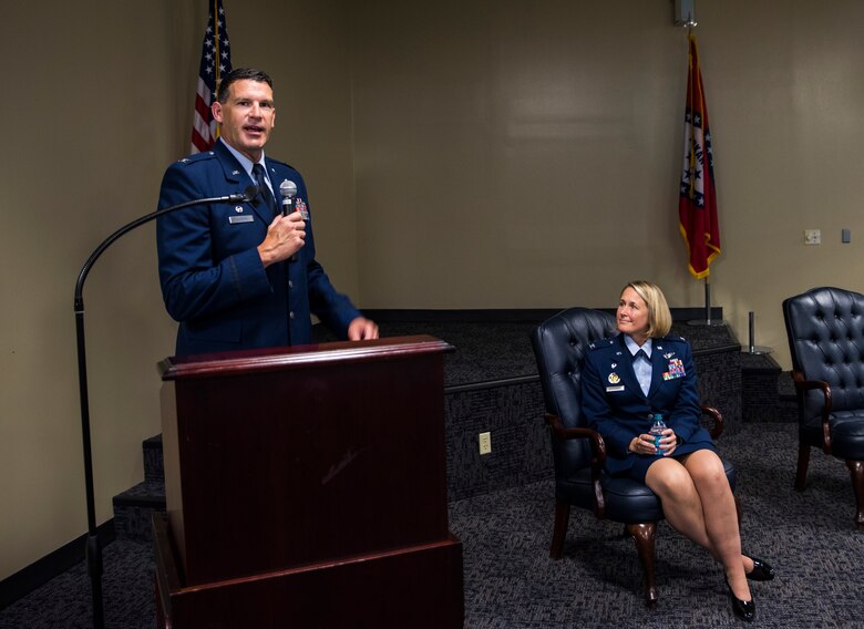 Col. Leon Dodroe, 188th Operations Group commander, describes his goal to continue developing his Airmen Oct. 16, 2016, at Ebbing Air National Guard Base, Fort Smith, Ark. Dodroe explained his goal as colonel is to develop his Airmen in the trade of combat and as leaders. (U.S. Air National Guard photo by Senior Airman Cody Martin)