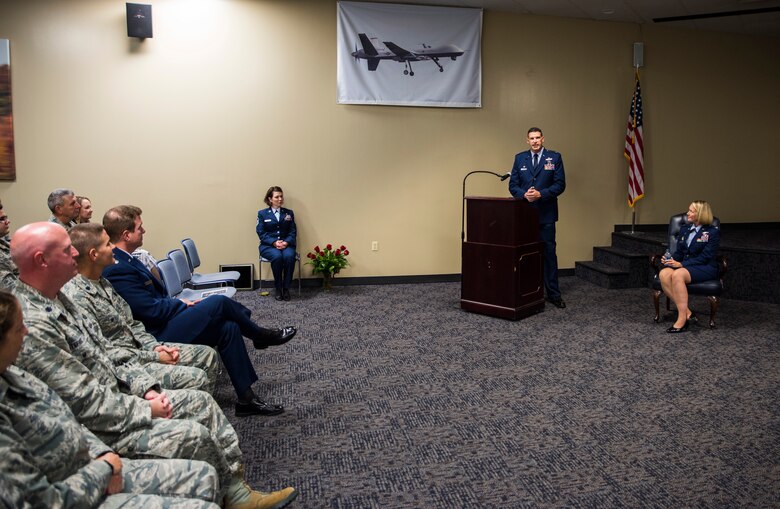 Col. Leon Dodroe, 188th Operations Group commander, describes his goal to continue developing his Airmen Oct. 16, 2016, at Ebbing Air National Guard Base, Fort Smith, Ark. Dodroe explained his goal as colonel is to develop his Airmen in the trade of combat and as leaders. (U.S. Air National Guard photo by Senior Airman Cody Martin)