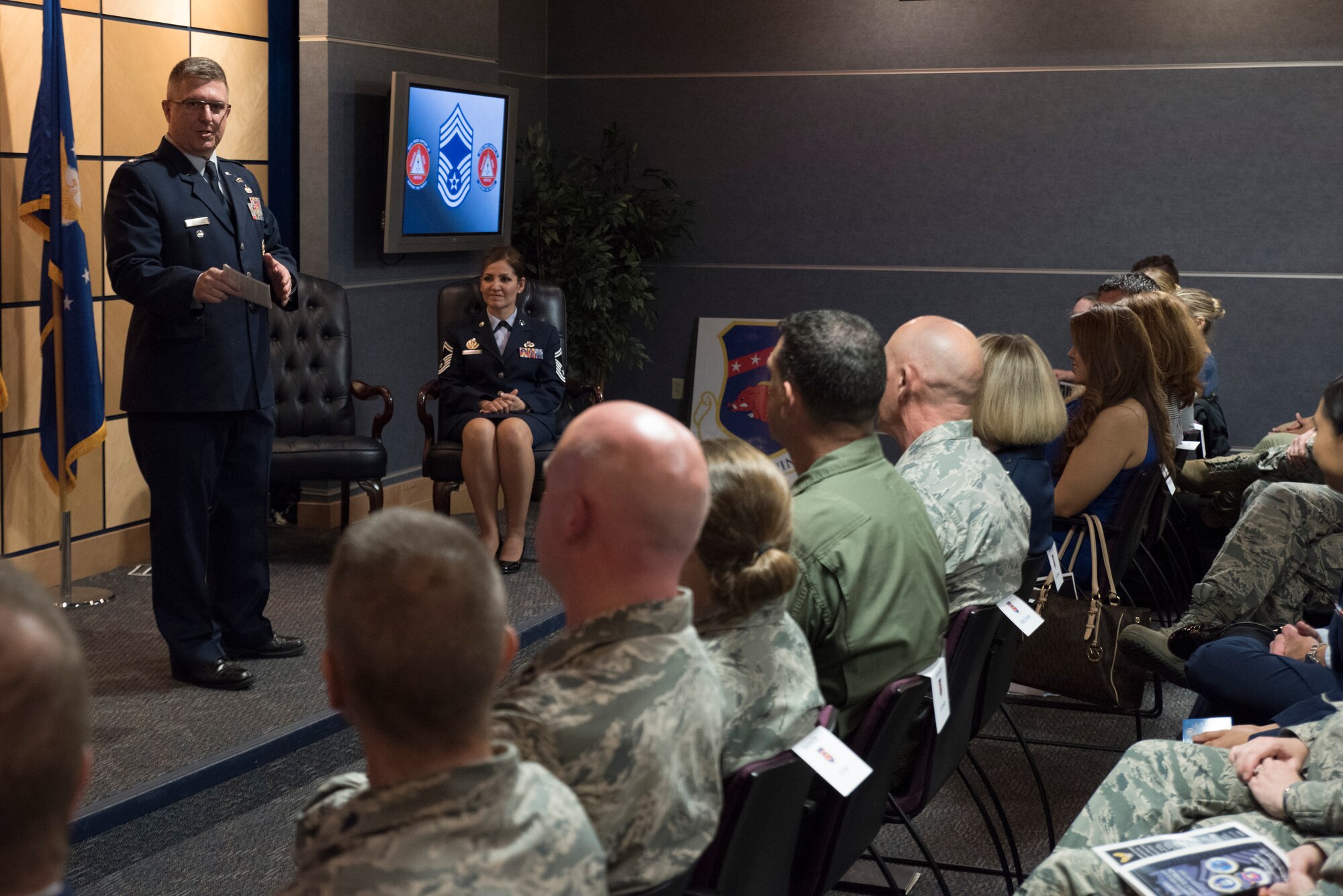 Col. Gregory Johnson, Air National Guard Advisor to the Director of Logistics, Engineering and Force Protection, presided over promotion ceremony of Magda Hamblin, 188th Force Support Squadron superintendent, to chief master sergeant Oct. 15, 2016, at Ebbing Air National Guard Base, Fort Smith, Ark. Johnson described Hamblin as “…the type of person you want to mentor you if you want to be successful.” (U.S. Air National Guard photo by Tech. Sgt. Daniel Condit)
