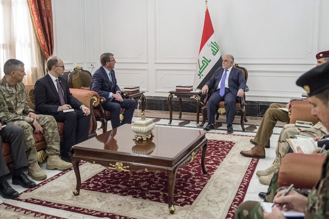 Defense Secretary Ash Carter meets with Iraqi Prime Minister Haider al-Abadi in Baghdad, Oct. 22, 2016. DoD photo by U.S. Air Force Tech. Sgt. Brigitte N. Brantley