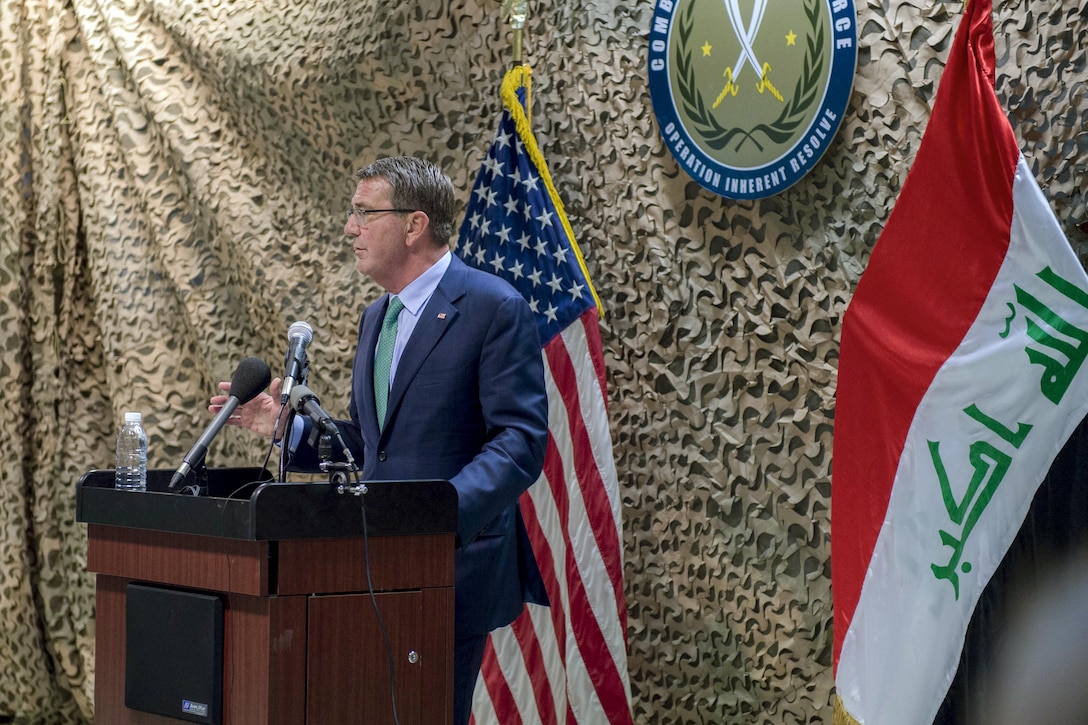 Defense Secretary Ash Carter addresses troops at the Combined Joint Task Force-Operation Inherent Resolve in Baghdad, Oct. 22, 2016. DoD photo by Stephanie Dreyer