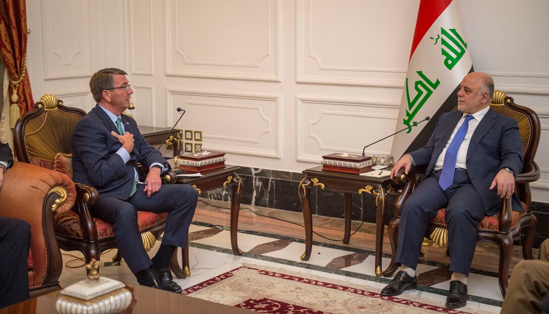 Defense Secretary Ash Carter meets with Iraqi Prime Minister Haider al-Abadi in Baghdad, Iraq, Oct. 22, 2016. DoD photo by U.S. Air Force Tech. Sgt. Brigitte N. Brantley