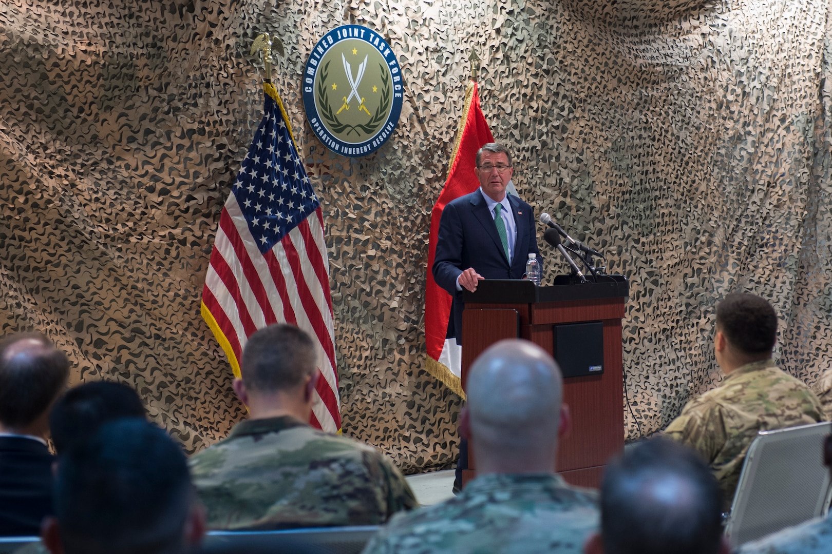 Defense Secretary Ash Carter addresses troops at the Combined Joint Task Force-Operation Inherent Resolve headquarters in Baghdad, Oct. 22, 2016. DoD photo by Air Force Tech. Sgt. Brigitte N. Brantley