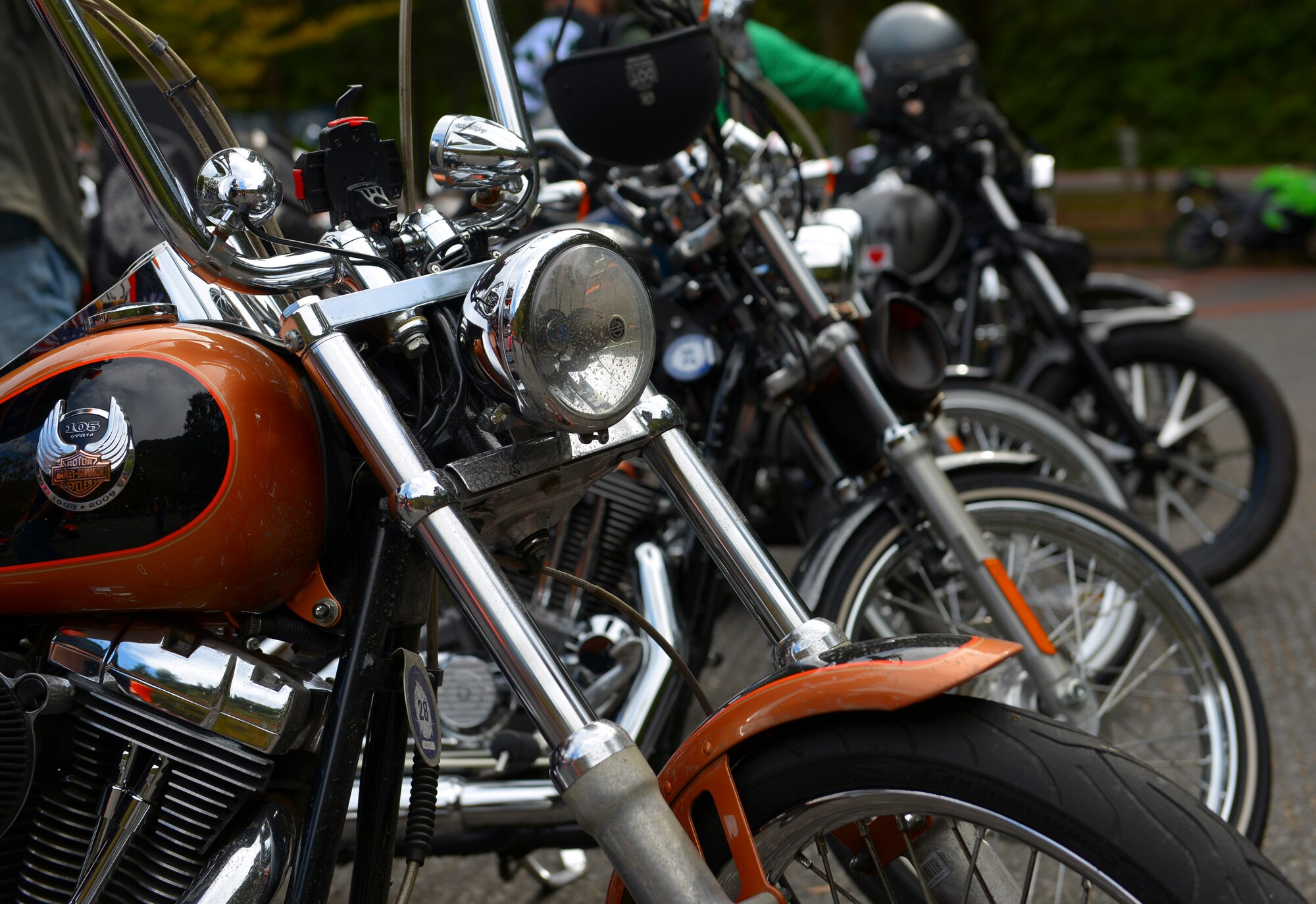 Motorcycles are parked together after the Green Knights Military Motorcycle Club Chapter 136 inaugural breast cancer awareness ride, “Bikers for Boobies,” at Okutama prefecture, Japan, Oct. 16, 2016. The Green Knights are dedicated to fostering mentorship among riders and giving back to the community by supporting charitable causes. (U.S. Air Force photo by Airman 1st Class Elizabeth Baker/Released)