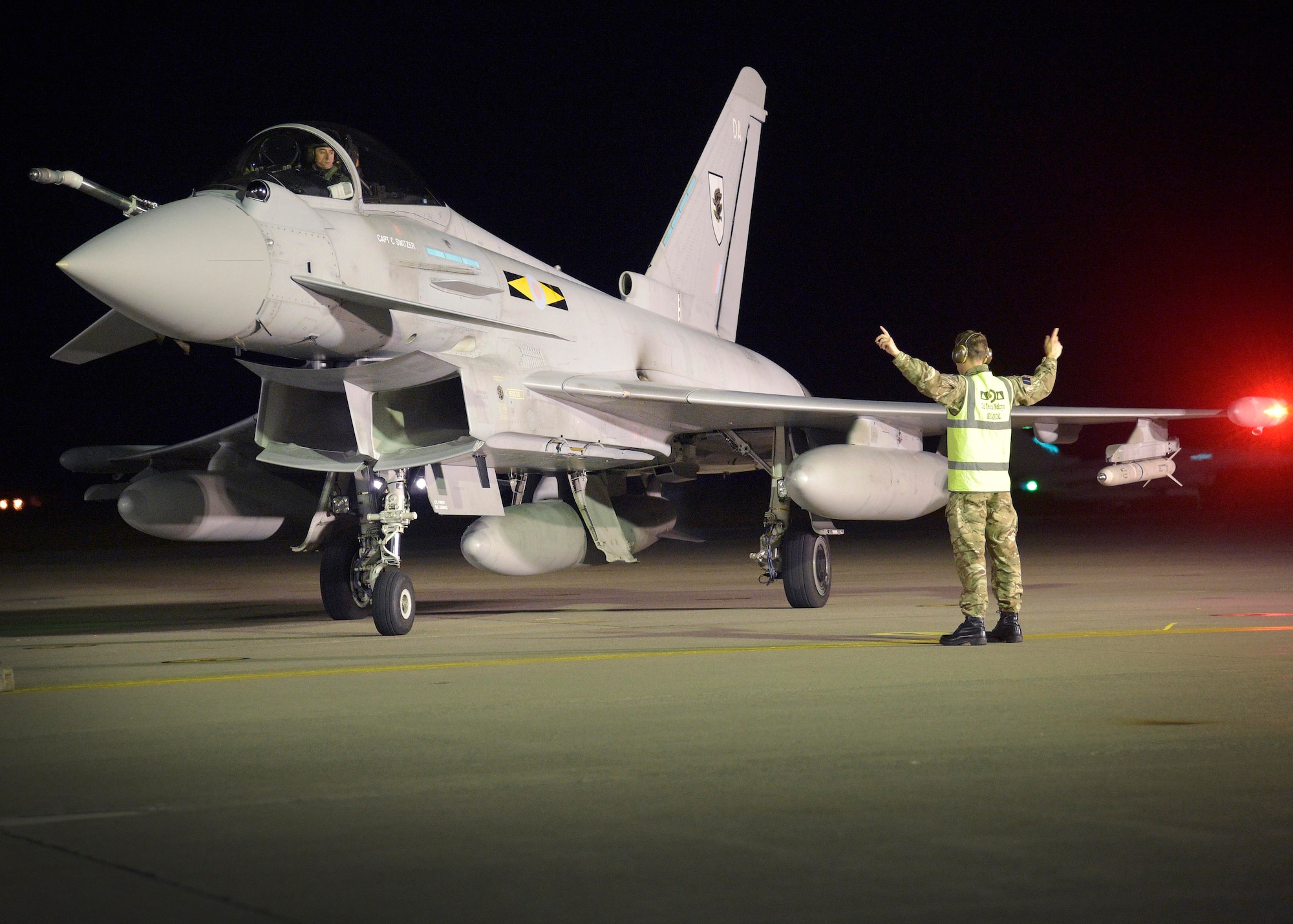 A Royal Air Force Eurofighter Typhoon assigned to the II Army Co-operation Squadron, moves into a runway, at Misawa Air Base, Japan, Oct. 22, 2016. The RAF and Japan Air Self-Defense Force kicked-off exercise Guardian North 16, which is the first bilateral exercise JASDF conducted with another foreign military, excluding the U.S. The RAF Typhoons are assigned to RAF Lossiemouth, located in Moray, Scotland. (U.S. Air Force photo by Senior Airman Deana Heitzman)