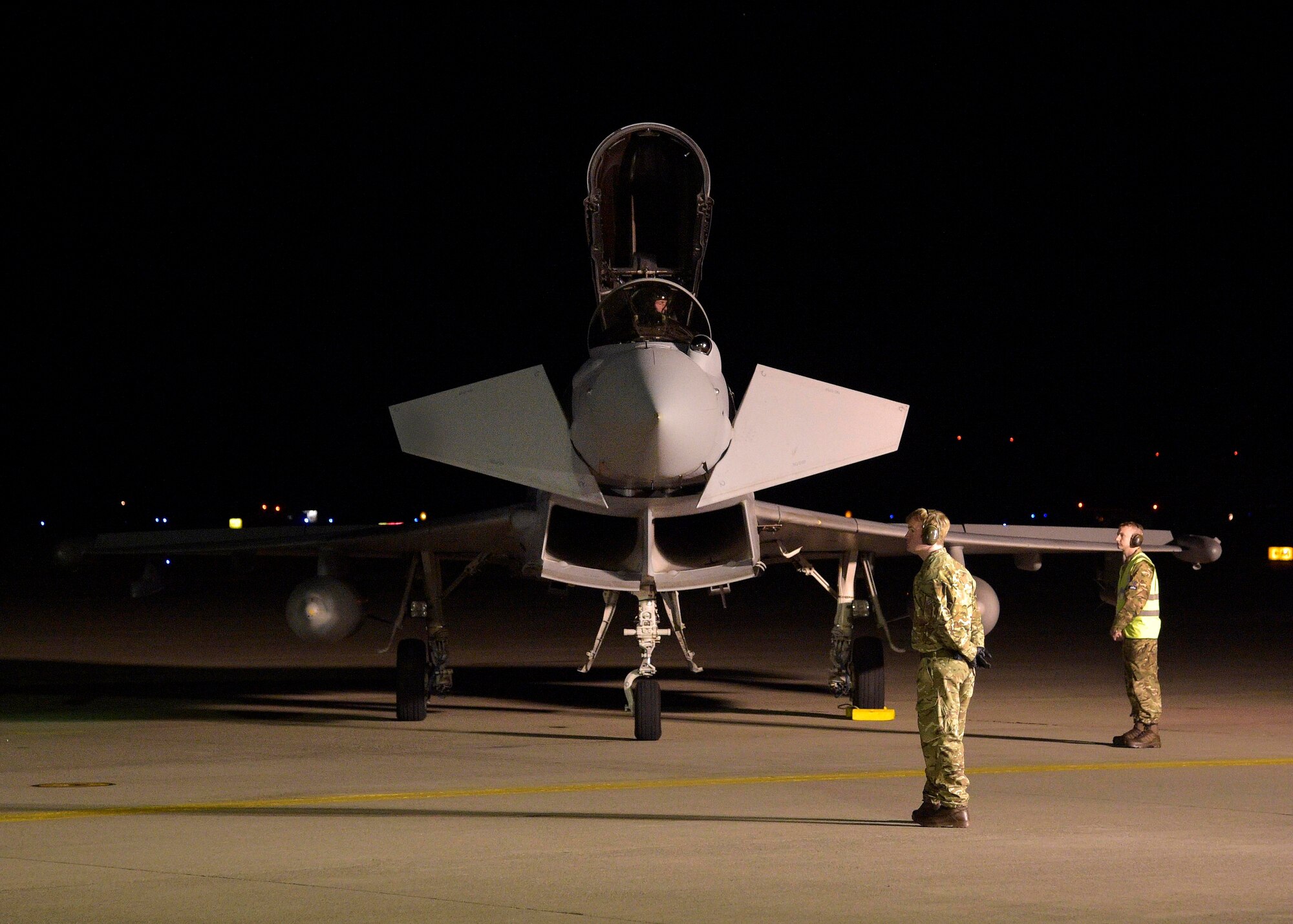 A Royal Air Force Eurofighter Typhoon assigned to the II Army Co-operation Squadron, sits on a runway, at Misawa Air Base, Japan, Oct. 22, 2016. The RAF and Japan Air Self-Defense Forces are participating in Guardian North 16 for the next week in efforts to strengthen ties between the two countries. In addition to Japan, the RAF Typhoons traveled to Malaysia and will travel to South Korea and conduct bi-and trilateral exercises. The RAF Typhoons are assigned to RAF Lossiemouth, located in Moray, Scotland. (U.S. Air Force photo by Senior Airman Deana Heitzman)