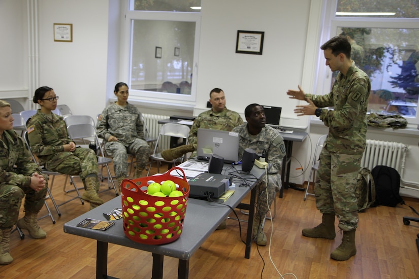 Army Lt. Col. Robert V. Parish, commander of the 254th Medical Detachment and a clinical neuropsychiatrist gave a “train the trainer” lesson in the science of sleep to Army Reserve medical professionals of the Medical Support Unit of the 7th Mission Support Command in a briefing conducted at Daenner Kaserne on Oct. 22, 2016.