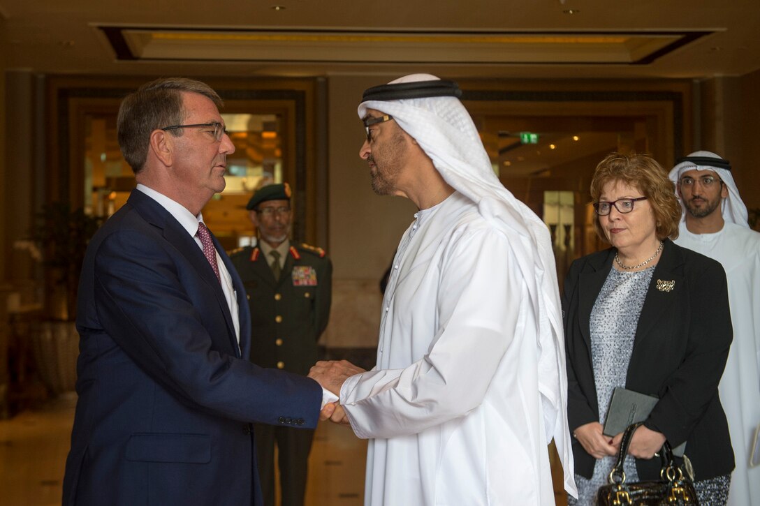 Defense Secretary Ash Carter shakes hands with Crown Prince Mohammed Bin Zayed Al Nahyan of the United Arab Emirates in Abu Dhabi, United Arab Emirates, Oct. 24, 2016. DoD photo by Air Force Tech. Sgt. Brigitte N. Brantley


  

