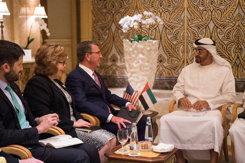 Defense Secretary Ash Carter meets with Crown Prince Mohammed Bin Zayed Al Nahyan of the United Arab Emirates in Abu Dhabi, United Arab Emirates, Oct. 24, 2016. DoD photo by Air Force Tech. Sgt. Brigitte N. Brantley