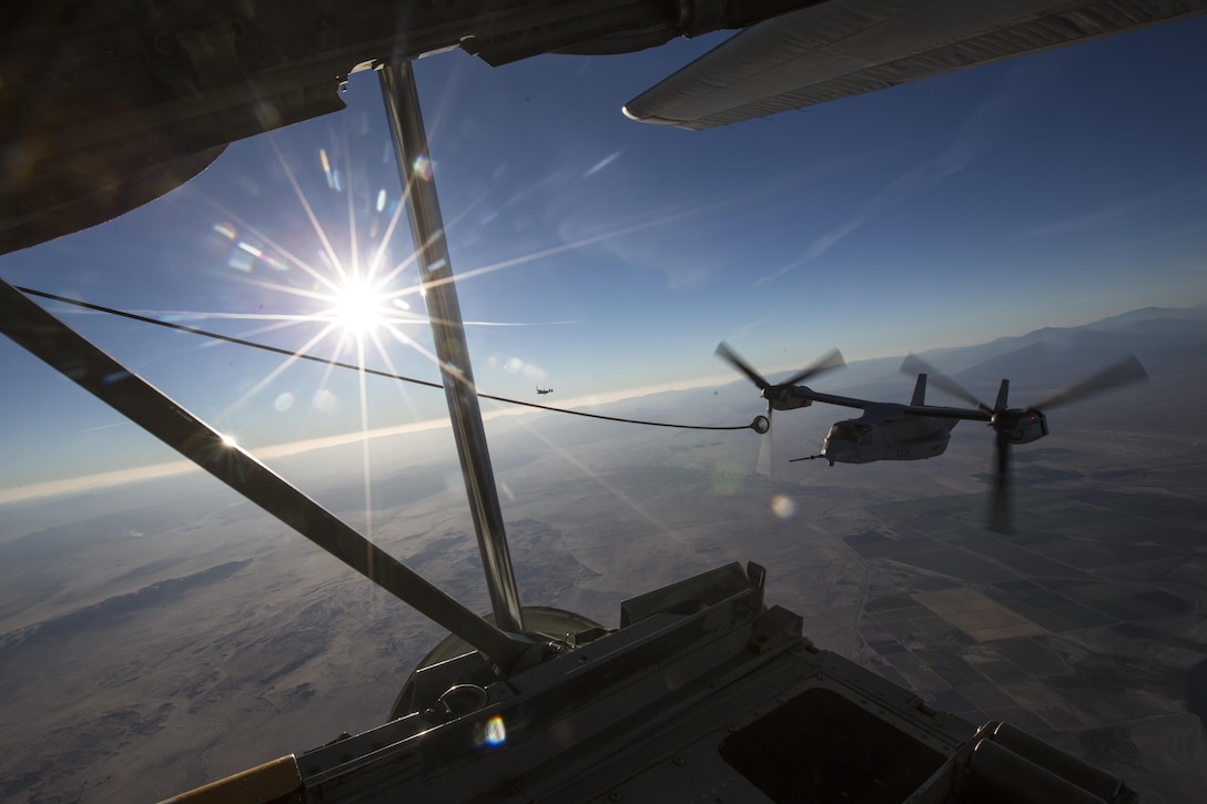 A U.S. Marine Corps MV-22 B Osprey assigned to Marine Aviation Weapons and Tactics Squadron One refuels during a mission in support of Weapons and Tactics Instructor course 1-17 at Marine Corps Air Station Yuma, Ariz., Oct. 20, 2016. The aerial refuel was part of WTI 1-17, a seven-week training event hosted by MAWTS-1 cadre, which emphasizes operational integration of the six functions of Marine Corps aviation in support of a Marine Air Ground Task Force. MAWTS-1 provides standardized advanced tactical training and certification of unit instructor qualifications to support Marine Aviation Training and Readiness and assists in developing and employing aviation weapons and tactics.