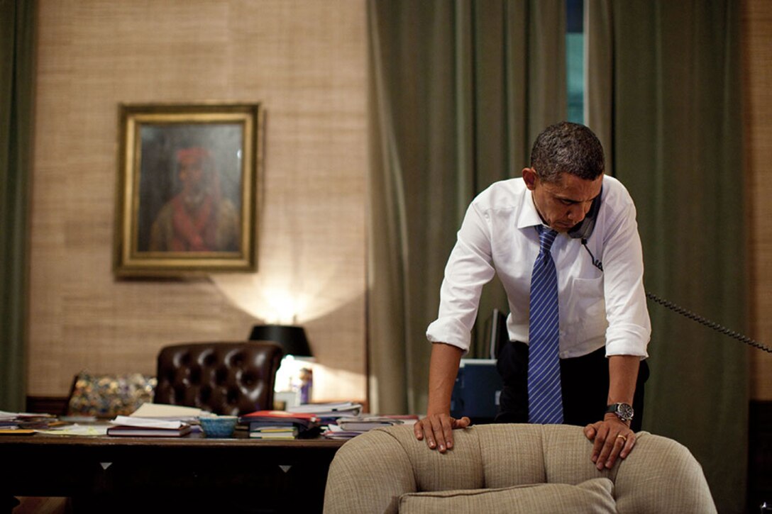 President Obama talks with President Lee Myung-bak of South Korea in Treaty Room Office in Residence of White House, November 23, 2010, after North Korea conducted artillery attack against South Korean island of Yeonpyeong (White House/Pete Souza)