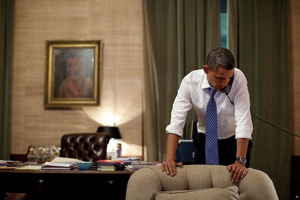 President Obama talks with President Lee Myung-bak of South Korea in Treaty Room Office in Residence of White House, November 23, 2010, after North Korea conducted artillery attack against South Korean island of Yeonpyeong (White House/Pete Souza)