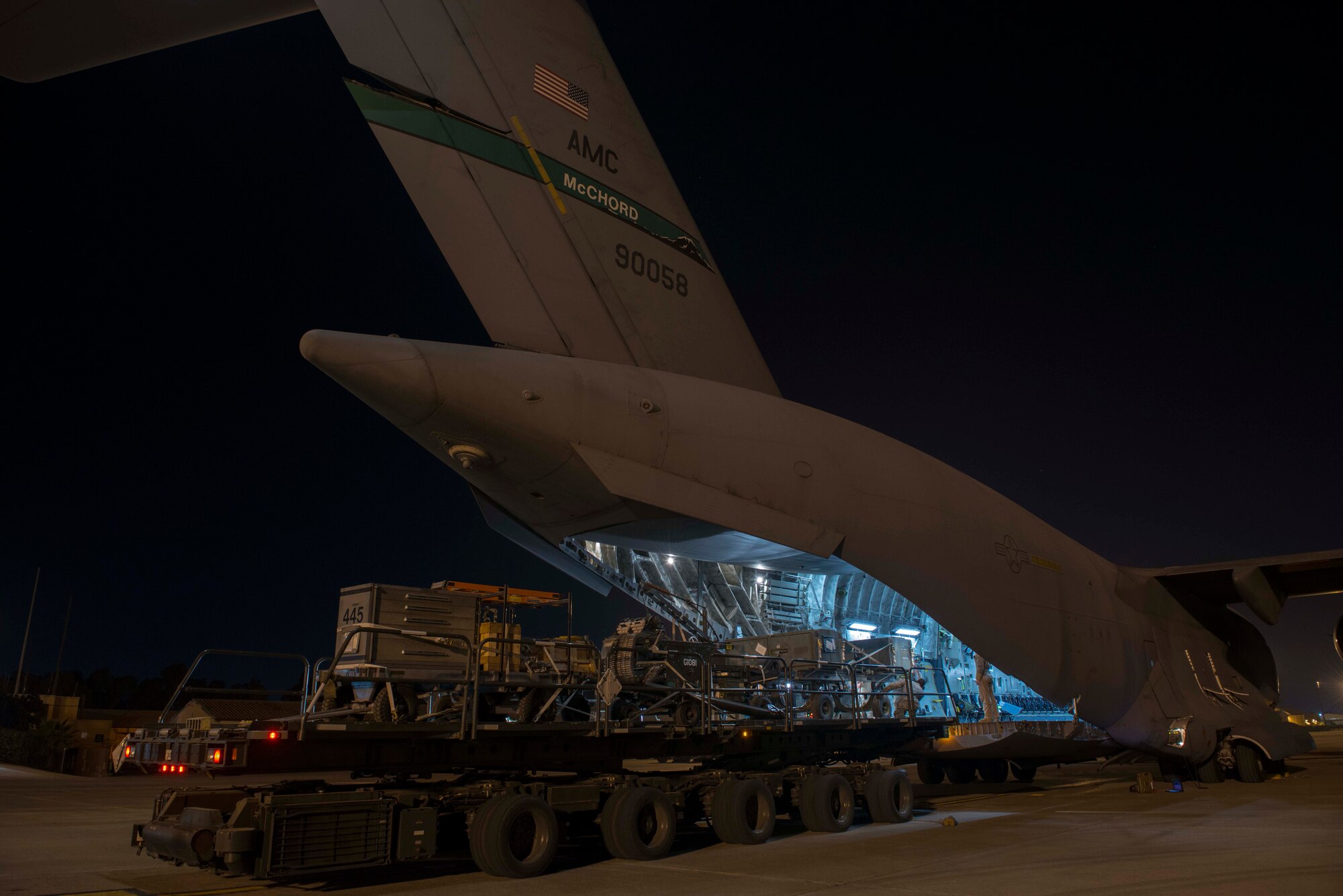 A C-17 Globemaster III has cargo offloaded from a 60K loader Oct. 21, 2016, at Incirlik Air Base, Turkey. The C-17 is capable of rapid strategic delivery of troops and all types of cargo to installations worldwide. (U.S. Air Force photo by Senior Airman John Nieves Camacho)