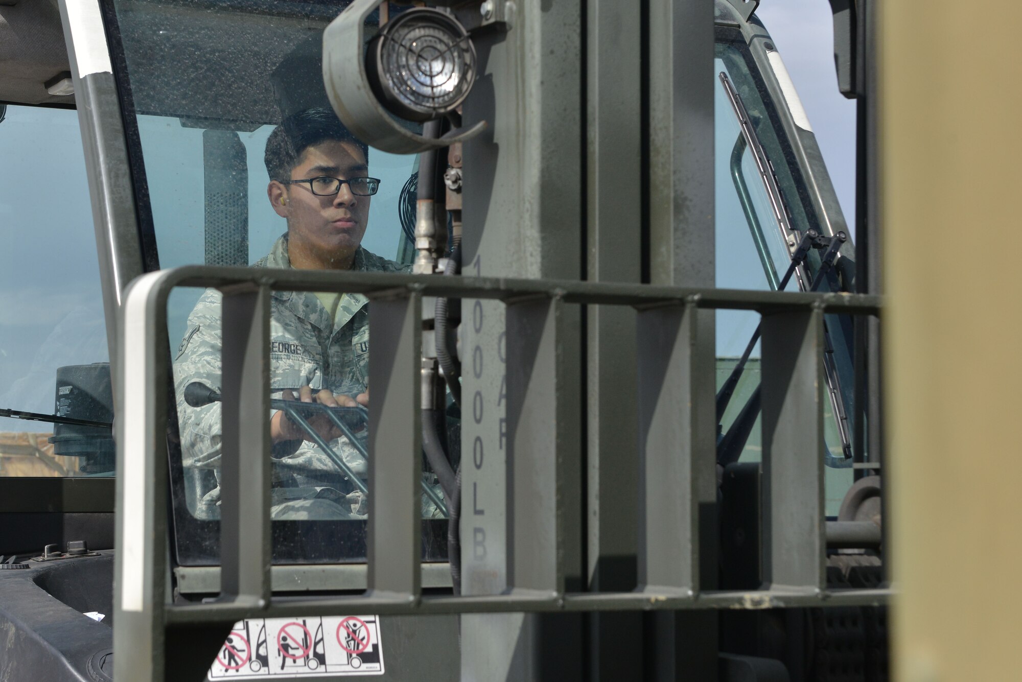 U.S. Air Force Airman Kyle George, 728th Air Mobility Squadron air transportation journeyman, operates a 10K forklift Oct. 18, 2016, at Incirlik Air Base, Turkey. Air transportation specialists provide the Department of Defense with the capability to move air passengers and cargo worldwide. (U.S. Air Force photo by Senior Airman John Nieves Camacho)