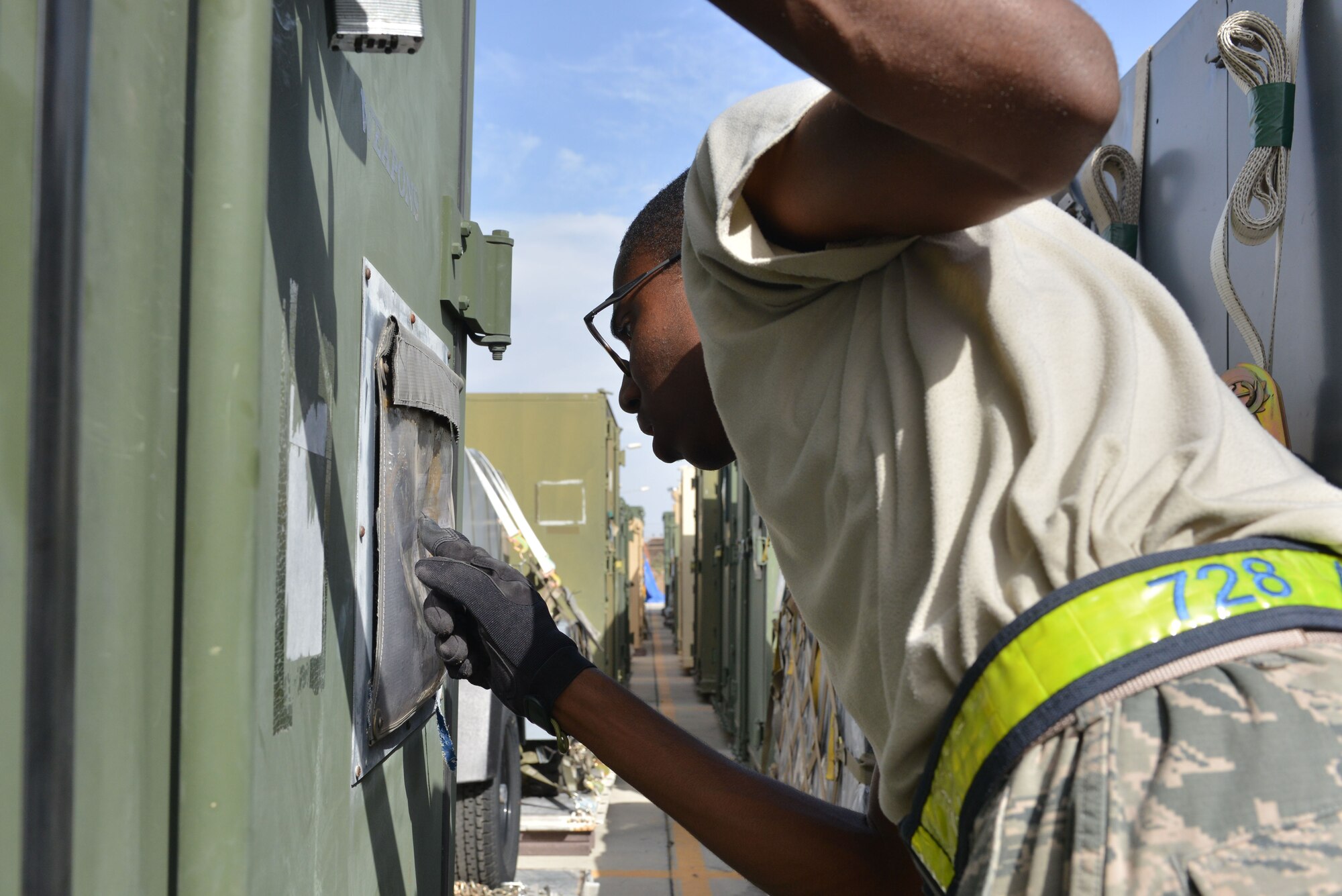 U.S. Air Force Airman 1st Class Josiah Purnell, 728th Air Mobility Squadron air transportation journeyman, reviews cargo paperwork Oct. 18, 2016, at Incirlik Air Base, Turkey. Prior to loading cargo, air transportation specialists inspect and verify proper documentation, packaging and marking. (U.S. Air Force photo by Senior Airman John Nieves Camacho)