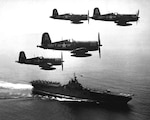 Corsairs returning from combat mission over North Korea circle USS Boxer as they wait for planes in next strike to launch, September 4, 1951 (U.S. Navy/NARA)