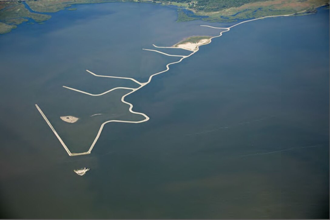 Aerial photo of Cat Island after first year of clean dredge material was placed on the West Island. Photo courtesy of U.S. Army Corps of Engineers, Detroit District. 