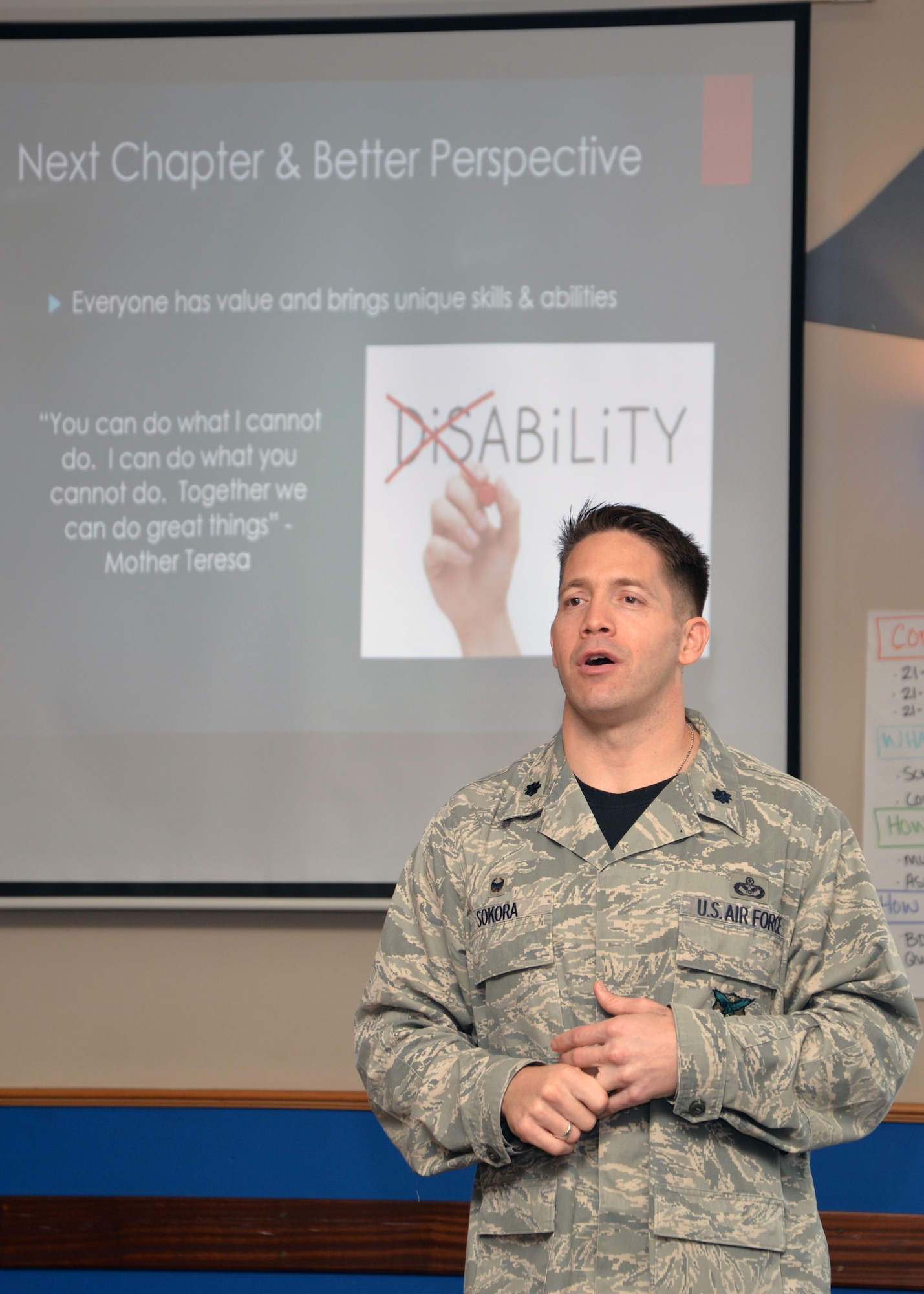 U.S. Air Force Lt. Col. Brandon Sokora, 100th Civil Engineer Squadron commander, shares his story of how he was diagnosed with multiple sclerosis in September 2011, and how his youngest daughter was born a congenital amputee at a lunch celebrating National Disability Employment Awareness Month Oct. 7, 2016, on RAF Mildenhall, England. Although he faced a medical evaluation board because of it, he fought and proved he was still capable of serving the U.S. Air Force to the best of his ability and leading as a commander. (U.S. Air Force photo by Karen Abeyasekere)