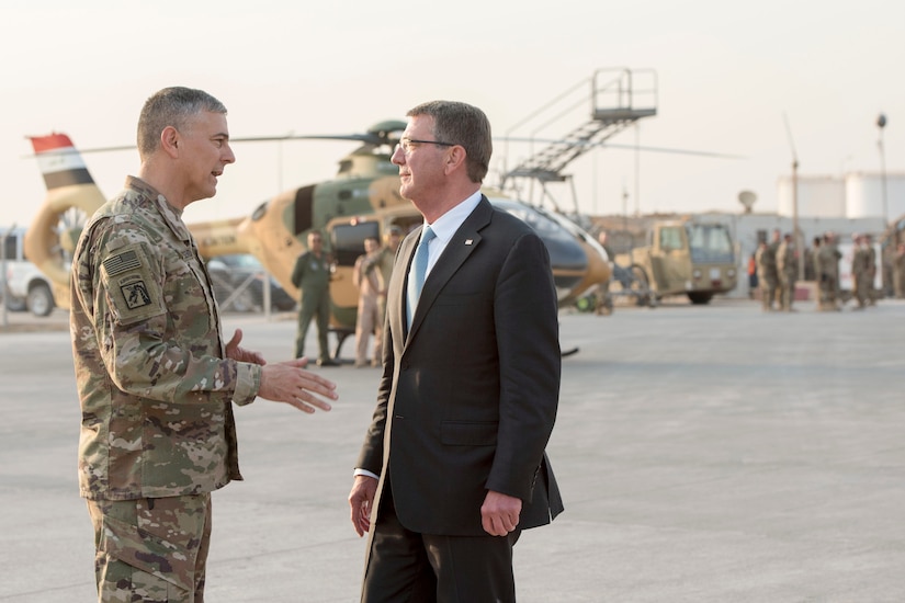 Defense Secretary Ash Carter speaks with Army Lt. Gen. Stephen Townsend, commander of Combined Joint Task Force Operation Inherent Resolve, before departing Irbil, Iraq, Oct. 23, 2016. DoD photo by Air Force Tech. Sgt. Brigitte N. Brantley