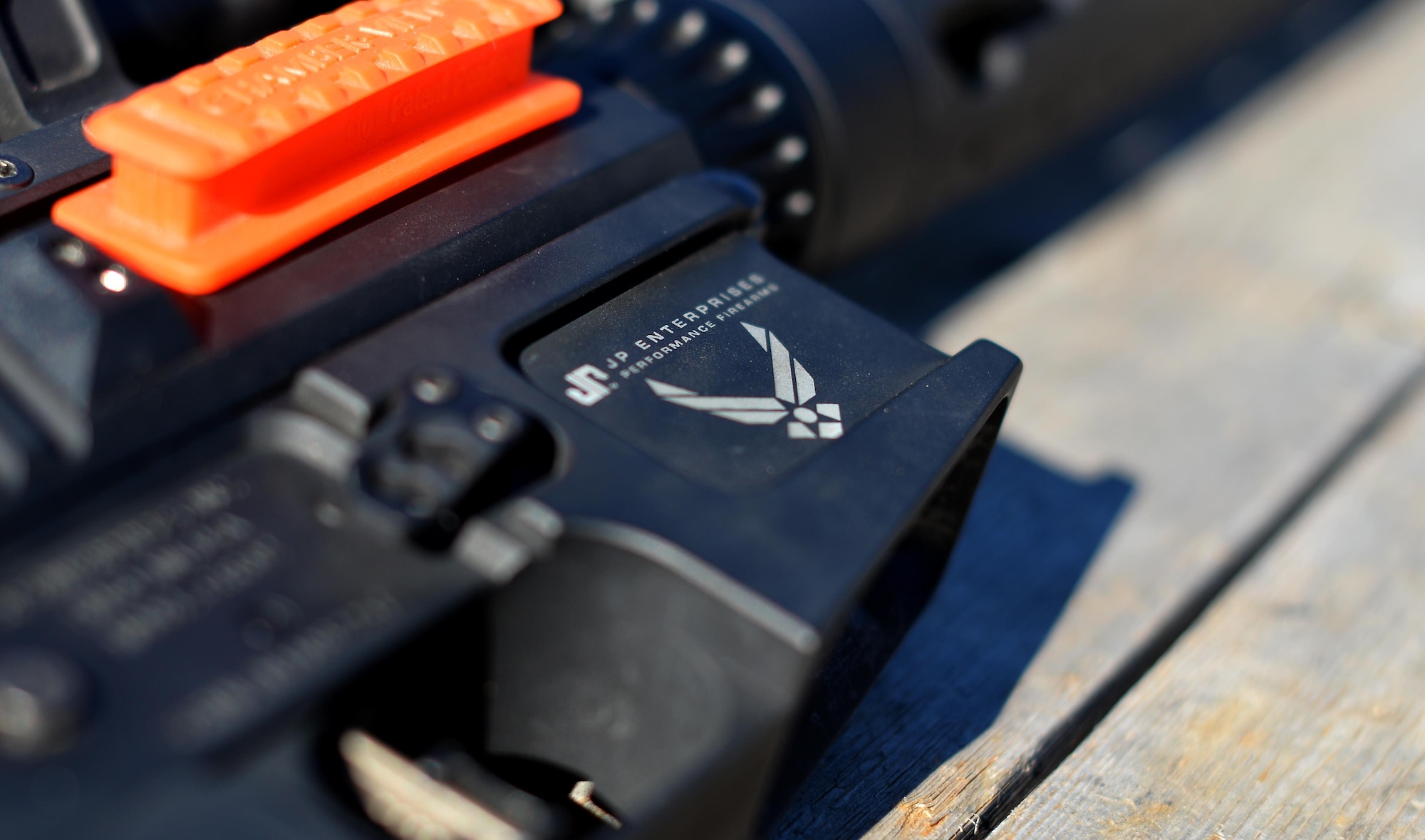 The U.S. Air Force symbol adorns the lower receiver for a JP Enterprises CTR-02 rifle that U.S. Air Force 2nd Lt. Casey Ryan, 55th Security Forces Squadron Officer-in-Charge of Logistics, uses when he represents the Air Force as a member of the official Air Force Shooting Team.  The Air Force Shooting Program sets the standard for marksmanship within the Air Force. (U.S. Air Force photo by Josh Plueger)