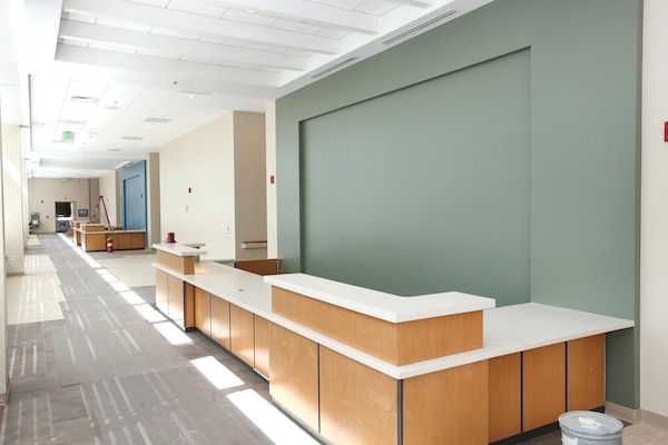 Department of Veteran Affairs Replacement Medical Center in Aurora, Colorado. Reception area of Clinic Building North which houses patient services including a large audiology clinic. Clinic buildings are scheduled to be handed to the Department of Veteran Affairs in early 2017 who will lead equipment installation.