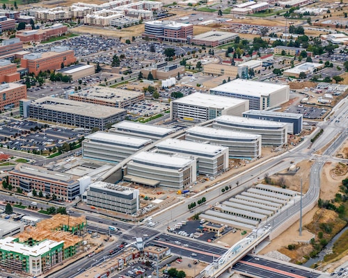 Aerial photo of the 12-building Department of Veteran Affairs replacement medical center under construction in Aurora, Colorado. The entire facility has been under U.S. Army Corps of Engineers' contract to Kiewit-Turner since November 2015. The project is on target for contract completion by January 2018. 