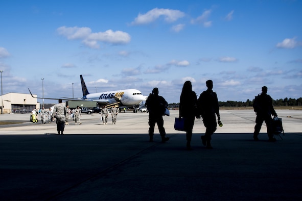 Airmen from the 822d Base Defense Squadron return from a deployment to Southwest Asia, Oct. 21, 2016, at Moody Air Force Base, Ga. The 822d BDS is a part of the 820th Base Defense Group, the only BDG in the Air Force. The 820th BDS is responsible for providing planning, training, equipment and preparation of three security forces squadrons. (U.S. Air Force photo by Airman 1st Class Daniel Snider)