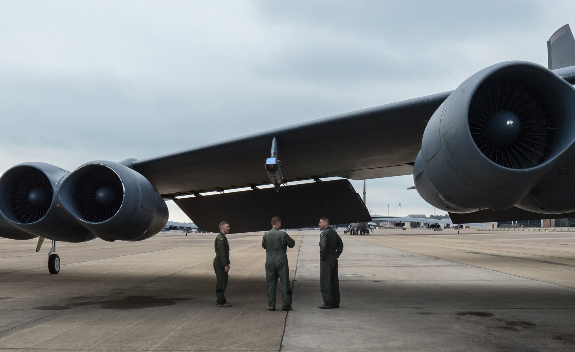 Aircrew from various airframes learn about the capabilities of a B-52 Stratofortress before a weapons school integration flight at Barksdale Air Force Base, La., Oct. 13, 2016. The integration was the capstone event of a six-month training course, involving extensive communication planning across more than 10 agencies within the bomber community, followed by a live fly exercise with two B-1 Lancers from Dyess Air Force Base, Texas, and two B-52 Stratofortresses from Barksdale. (U.S. Air Force photo/Senior Airman Curt Beach)