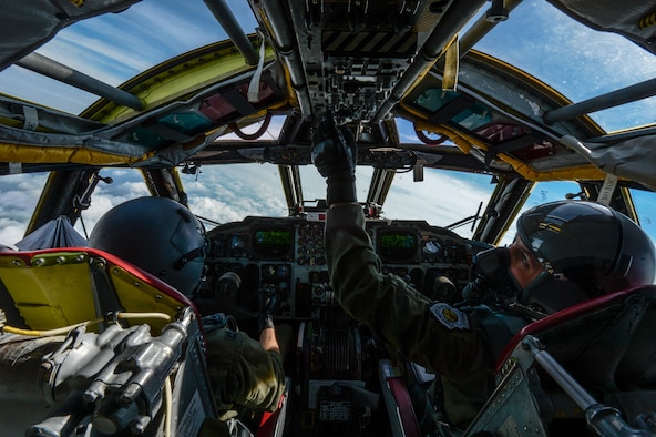 Capt. Lance Adsit, 20th Bomb Squadron aircraft commander, and Lt. Col. Erik Johnson, 340th Weapons Squadron commander, fly a B-52 Stratofortress above the Gulf of Mexico Oct. 13, 2016. Two B-52s from Barksdale Air Force Base, La., and two B-1 Lancers from Dyess Air Force Base, Texas, flew together and performed more than 200 simulated missile launches as part of a weapons school integration exercise. (U.S. Air Force photo/Senior Airman Curt Beach)