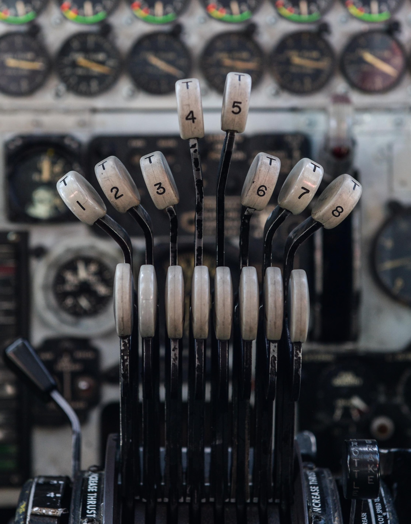 Eight throttles control the engines of a B-52 Stratofortress from Barksdale Air Force Base, La., 28,000 feet above the Gulf of Mexico Oct. 13, 2016. The B-52 is a long-range, heavy bomber that can perform a variety of missions. The bomber is capable of flying at high subsonic speeds at altitudes up to 50,000 feet. It can carry nuclear or precision-guided conventional ordnance with worldwide precision navigation capability. (U.S. Air Force photo/Senior Airman Curt Beach)