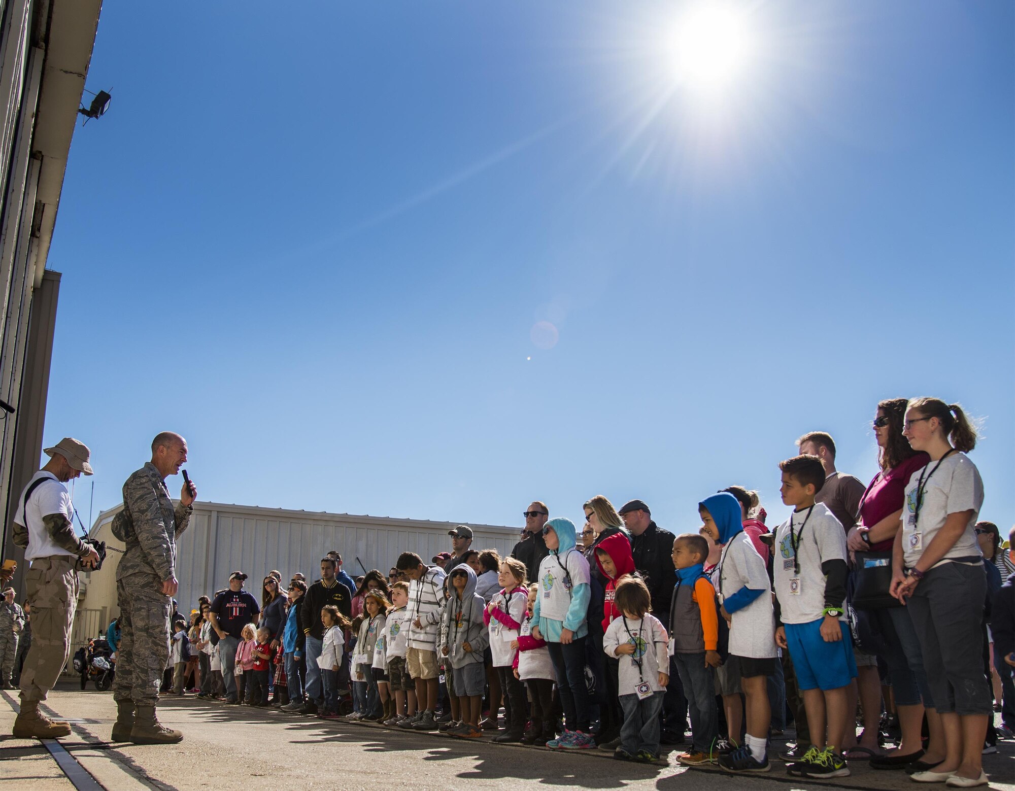 Brig. Gen. Christopher Azzano, 96th Test Wing commander, briefs the troops before sending them into the “deployed” environment at the Operation Hero event Oct. 22 at Eglin Air Force Base, Fla.  More than 100 kids participated in the mock deployment experience created to give military children a glimpse of what their loved ones go through when they leave home. The kids went through a deployment line to get their dog tags and “immunizations” before they were briefed by the commander and shipped off to a deployed location. There, they participated in various activities and demonstrations by local base agencies. (U.S. Air Force photo/Samuel King Jr.)