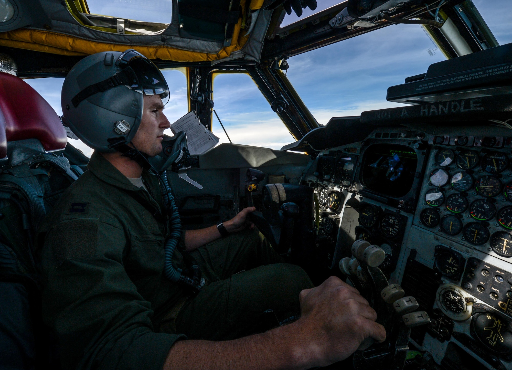 Capt. Lance Adsit, 20th Bomb Squadron pilot, observes a target during a simulated weapon release from the airspace above the Gulf of Mexico Oct. 13, 2016. The B-52 Stratofortress piloted by Adsit flew with another B-52 from Barksdale Air Force Base, La., and two B-1 Lancers from Dyess Air Force Base, Texas, as part of a weapons school integration exercise. (U.S. Air Force photo/Senior Airman Curt Beach)