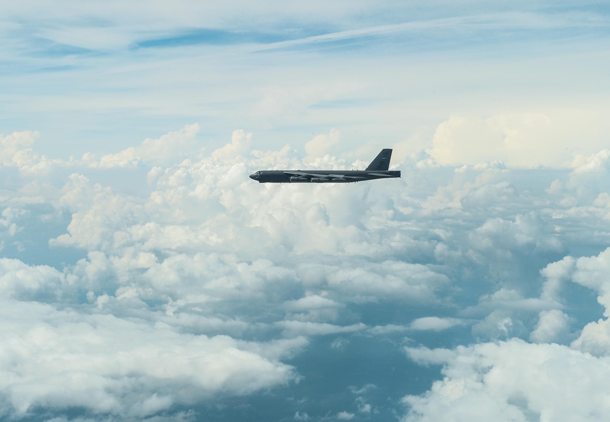 A B-52 Stratofortress from Barksdale Air Force Base, La., soars through the sky over the Gulf of Mexico Oct. 13, 2016. The B-52 was participating in an integration exercise between Barksdale’s 340th Weapons School and the 77th Weapons School, Dyess Air Force Base, Texas. The integration was the capstone event of a six month training course, involving extensive communication planning across more than 10 agencies within the bomber community, followed by a live-fly exercise. (U.S. Air Force photo/Senior Airman Curt Beach)