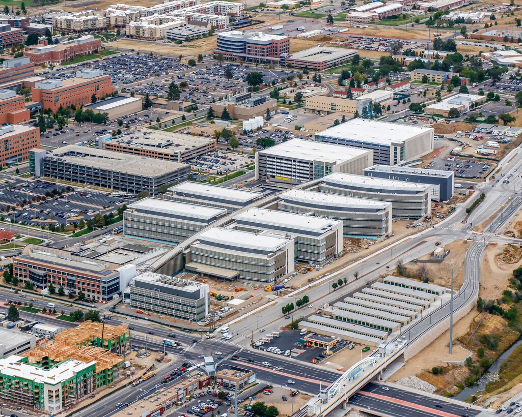 Aerial photo of the 12-building Department of Veteran Affairs replacement medical center under construction in Aurora, Colorado. The entire facility has been under U.S. Army Corps of Engineers' contract to Kiewit-Turner since November 2015. The project is on target for contract completion by January 2018. 
